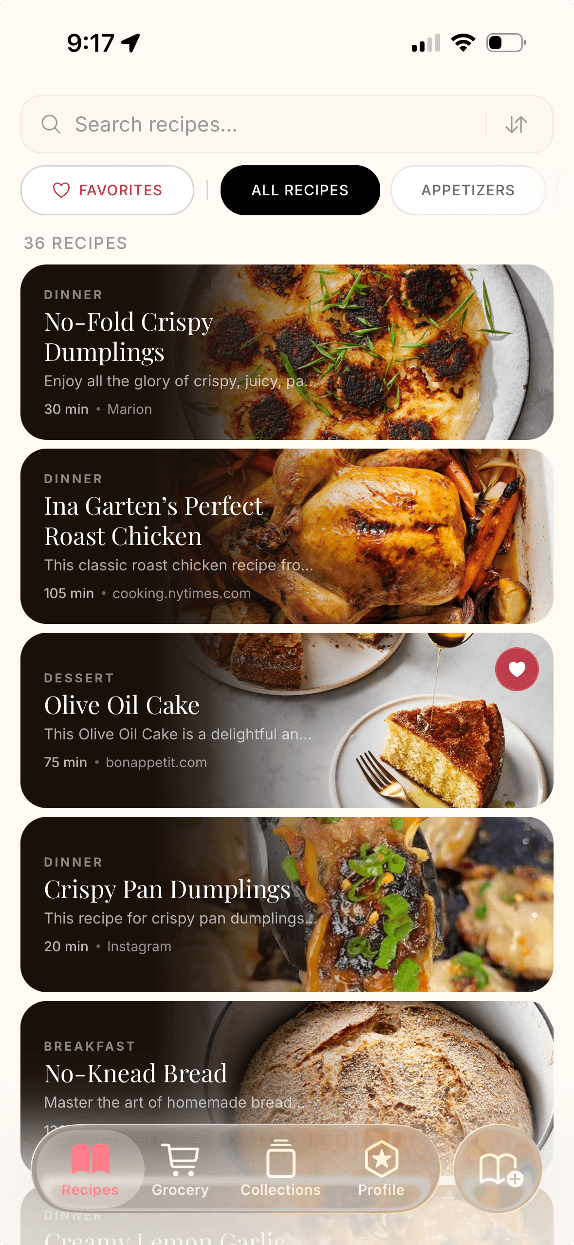 Recipe list in the Cooklook app