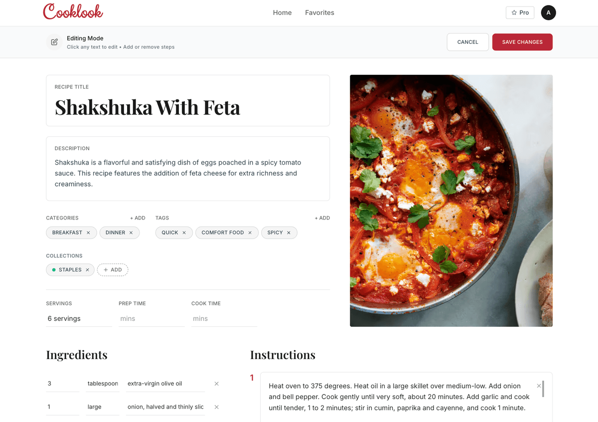Recipe detail page showing Chicken Tikka Masala with edit options
